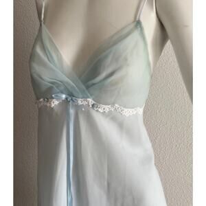 Vintage 90s Je J’adore Baby Blue Sheer Slip Dress Small Lingerie rosettes